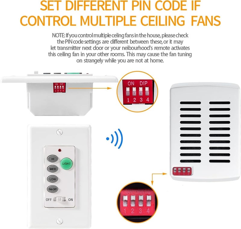 53T Universal Ceiling Fan Wall Remote Control, Smaller Size Receiver Kit 4DIP Switch 3 Speed Light Dimmer,Compatible with Hampton Bay, Harbor Breeze, Hunter (Wall Remote & Mini Receiver) - Image 4